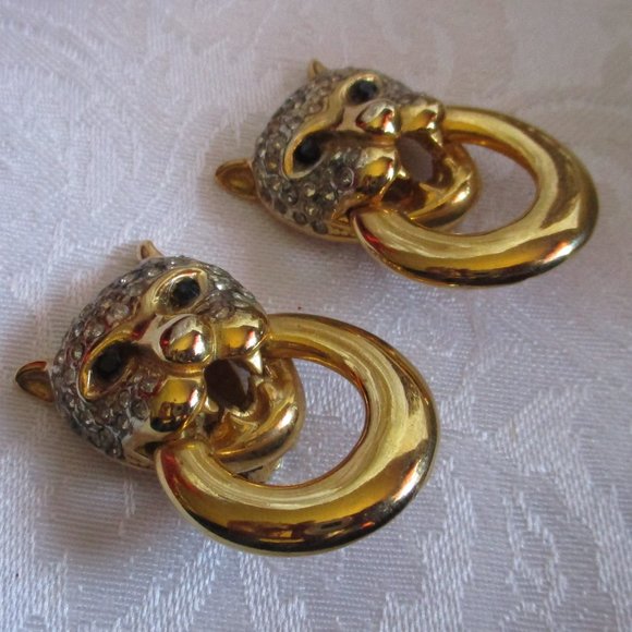 TIGER VINTAGE CLIP ON CRYSTAL EARRINGS - Picture 2 of 9